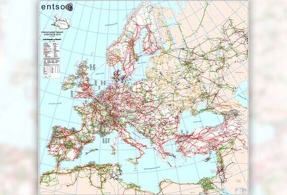 מפת רשת החשמל של מדינות אגן הים התיכון ואירופה