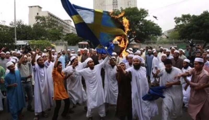 מהגרים שורפים את דגל שבדיה // צילום: מתוך יוטיוב