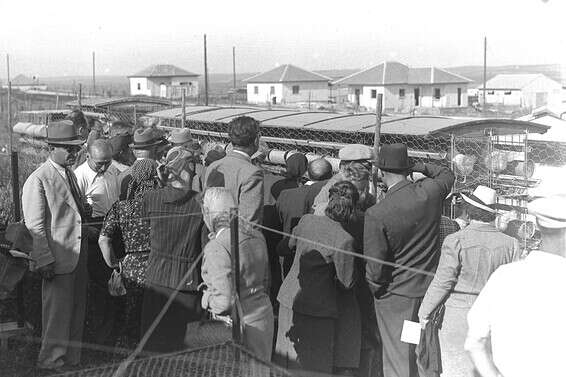 קבוצת תיירים מבקרת במושב, 1950 // צילום: זולטן קלוגר, לע"מ