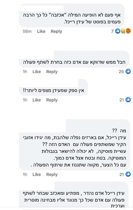 התגובות הרבות לשיר אצל עידן רייכל // צילום מסך, מתוך הפייסבוק