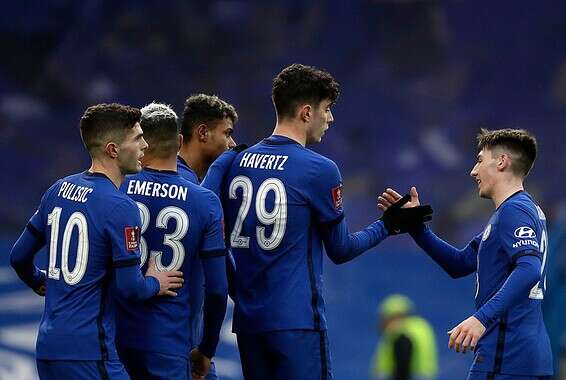 שחקני צ'לסי חוגגים מול מורקאמב, היום // צילום: אי.פי