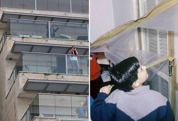 ילדים בחדר האטום ואנשים עומדים במרפסות // צילום: יהונתן שאול, מיכאל צרפתי