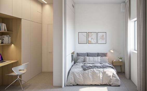 חדר שינה משולב עם פינת עבודה בפרויקט מיקרו אבן גבירול // הדמיה: סטודיו3D BSD. תכנון: אקסטרה סמול אדריכלים