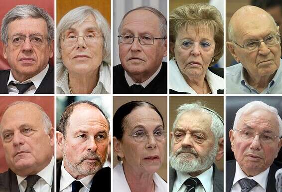 שופטי בית המשפט העליון. משמאל למעלה, בכיוון השעון: מני מזוז, דליה דורנר, אליקים רובינשטיין, עדנה ארבל, יצחק זמיר, אליהו מצא, צבי טל, אילה פרוקצ'יה, יורם דנציגר וג'ורג' קרא