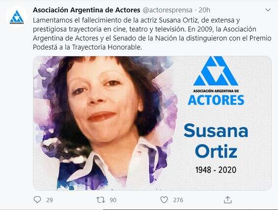 ארגון השחקנים הארגנטינאי נפרד מסוזאנה אורטיס // צילום מסך