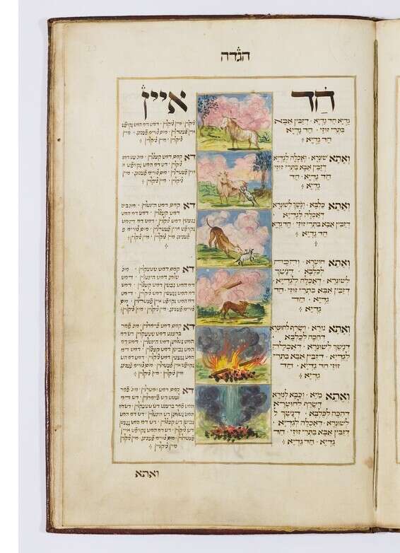 חד גדיא עם תרגום ליידיש. מתוך הגדה של פסח, העתיק נתן בן שמשון ממזריץ', שנת 1730 // שייך לאוסף ברגינסקי לכתבי יד עבריים, ציריך, שוויץ