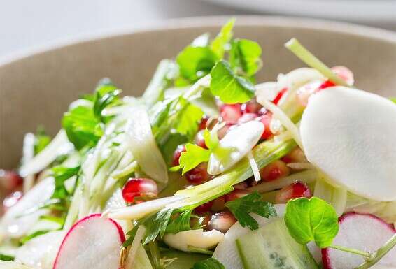 ארוחה קטנה ומזינה.  סלט עם תפוח עץ, רימונים ושקדים // צילום: איתיאל ציון