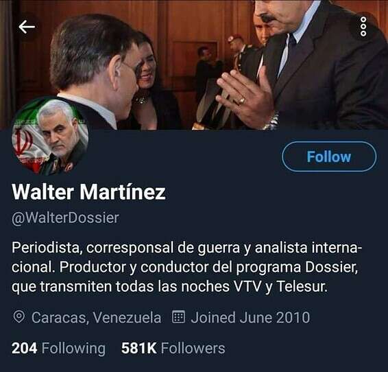 חשבון הטו8ויטר של דוברו של מדורו עם תמונתו של סולימאני