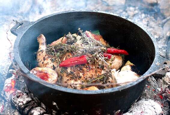 עוף שלם  בפויקה עם אפרסקים על הגריל // צילום: גל בן זאב