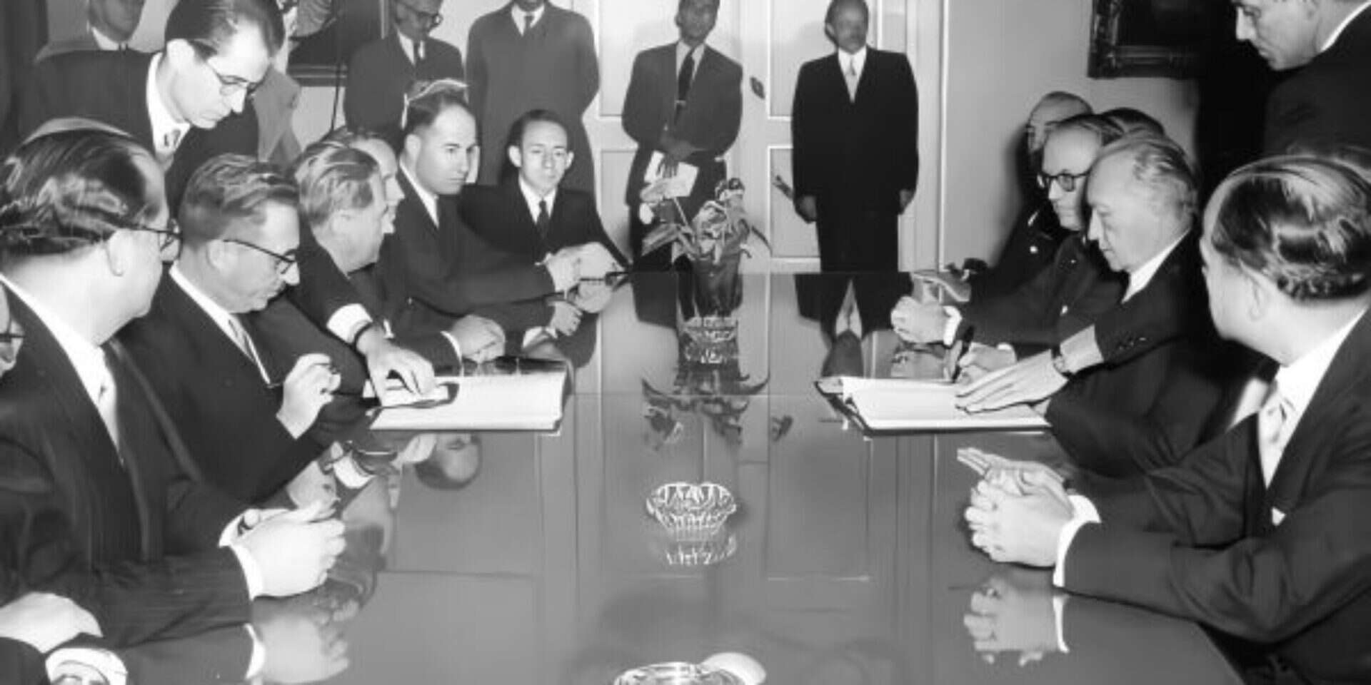 חתימת ההסכם. משמאל: (אוחז בעט) שר החוץ משה שרת, ומולו ראש ממשלת גרמניה קונרד אדנאואר