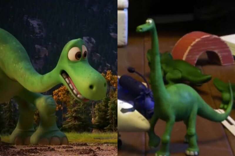 הדינוזאור מימין כבובה בסרט, ומשמאל הדינוזאור מהסרט "הדינוזאור הטוב" // צילום: תמונת מסך מתוך יוטיוב