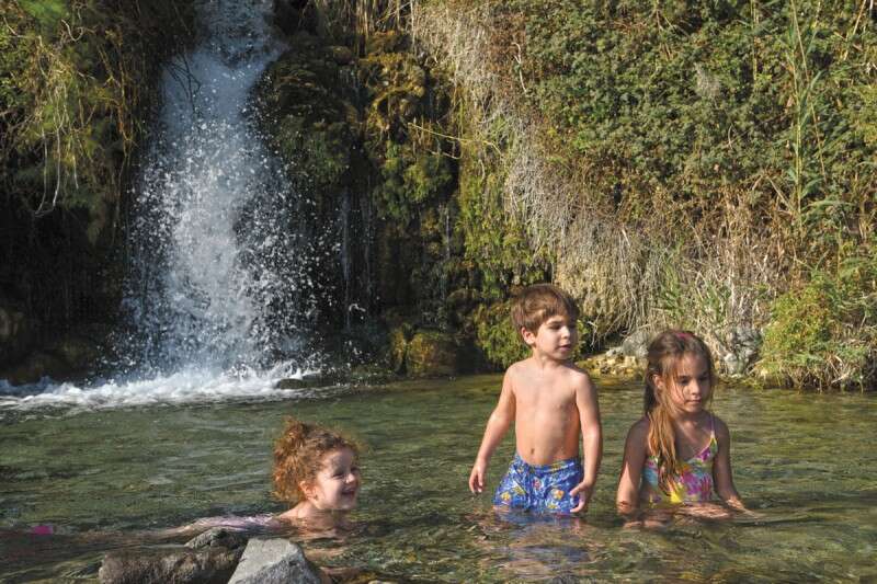 עין איוב. גן עדן שבו מפל נסתר הנשפך לבריכת מים צלולים