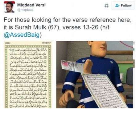 דמות מסם הכבאי מחליקה על דף קוראן // צילום: מתוך טוויטר