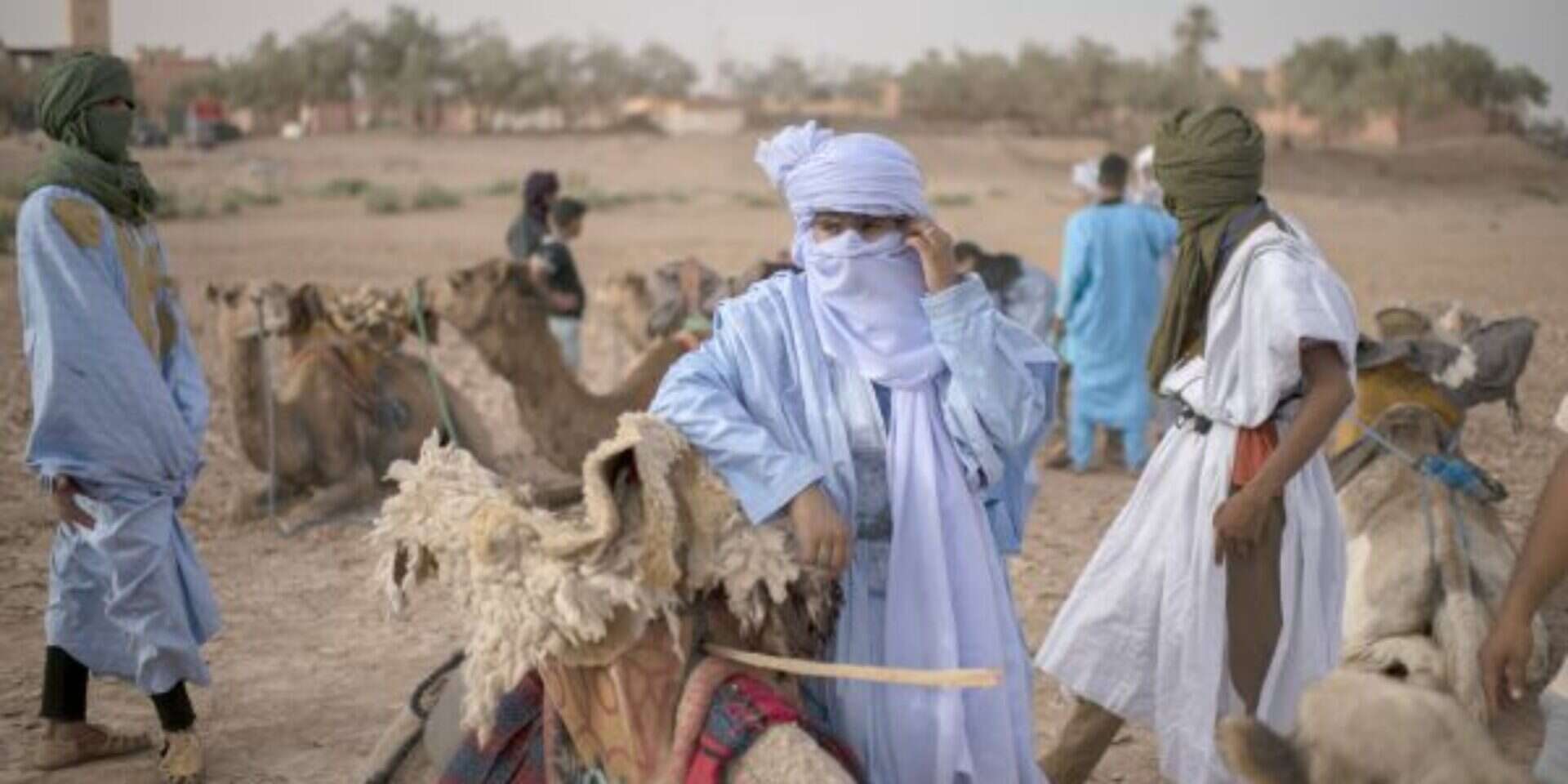 רוכבי גמלים בסהרה. מרוקו היא מדינה של ניגודים , אי.פי.אי
