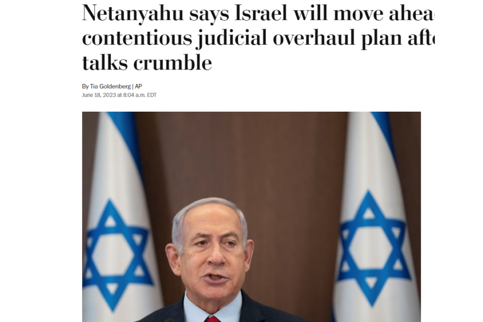 כותרת הכתבה ב"וושינגטון פוסט" על ההודעה של נתניהו , צילום מסך: ה"וושינגטון פוסט"