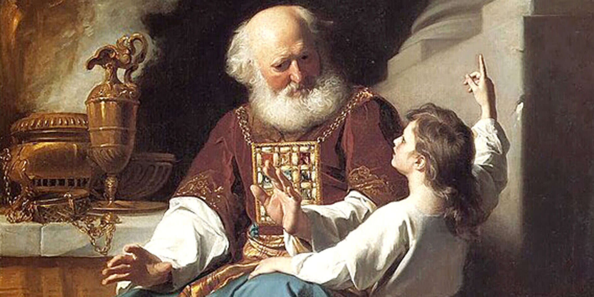 "וַיָּקָם (שמואל) וַיֵּלֶךְ אֶל-עֵלִי, וַיֹּאמֶר הִנְנִי כִּי קָרָאתָ לִי; וַיָּבֶן עֵלִי, כִּי ה' קֹרֵא לַנָּעַר". עלי הכהן חונך את שמואל לנביא. ג'ון סינגלטון קופלי (1780) ,