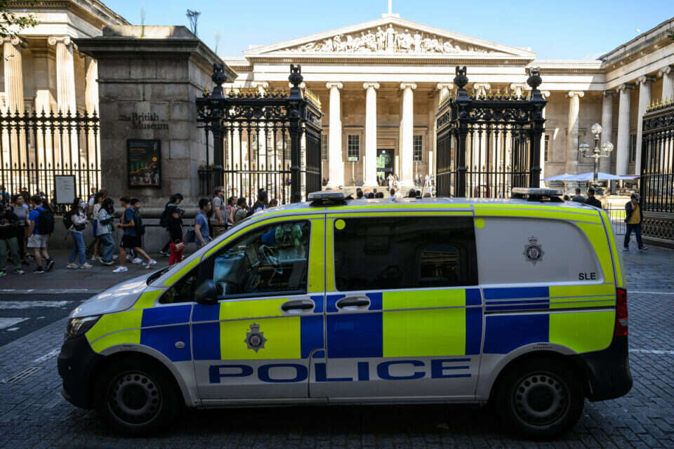 LONDON, ENGLAND - AUGUST 23: A police van is seen outside the gates of the British Museum as officers deal with a public disturbance on August 23, 2023 in London, England. British Museum officials launched an investigation into the theft of its artefacts after discovering that stolen items, comprising of gold jewellery, semi-precious stones and glass valued at up to £50,000, were being sold on eBay for as little as £40. (Photo by Leon Neal/Getty Images) , Getty Images