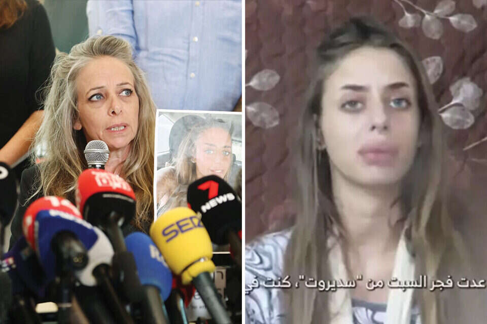 מימין" מייה שם ממקום שביה בעזה וקרן שם, אמה, במסיבת העיתונאים של המטה להשבת החטופים , גדעון מרקוביץ'