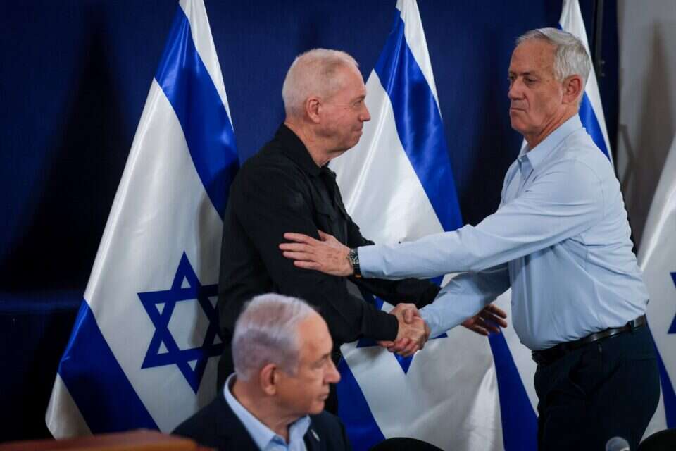 רה"מ נתניהו, שר הביטחון גלנט והשר גנץ במסיבת עיתונאים , חיים גולדברג/פלאש90