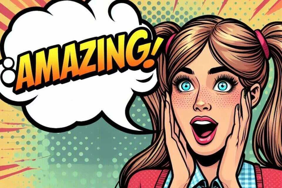 בחורה נלהבת עם בועת קומיקס שבה כתוב "Amazing" , מערכת feedy באמצעות הבינה המלאכותית Bing Image Creator