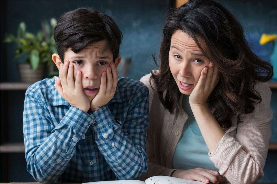 אמא ובן מבועתים מול מחברת שיעורי בית , מערכת feedy באמצעות הבינה המלאכותית ideogram
