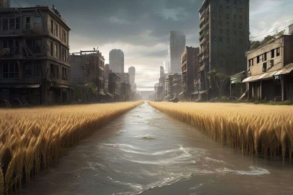 גבעולי חיטה גדלים ברחובות המוצפים של עיר פוסט-אפוקילפטית , מערכת feedy באמצעות הבינה המלאכותית Leonardo.Ai