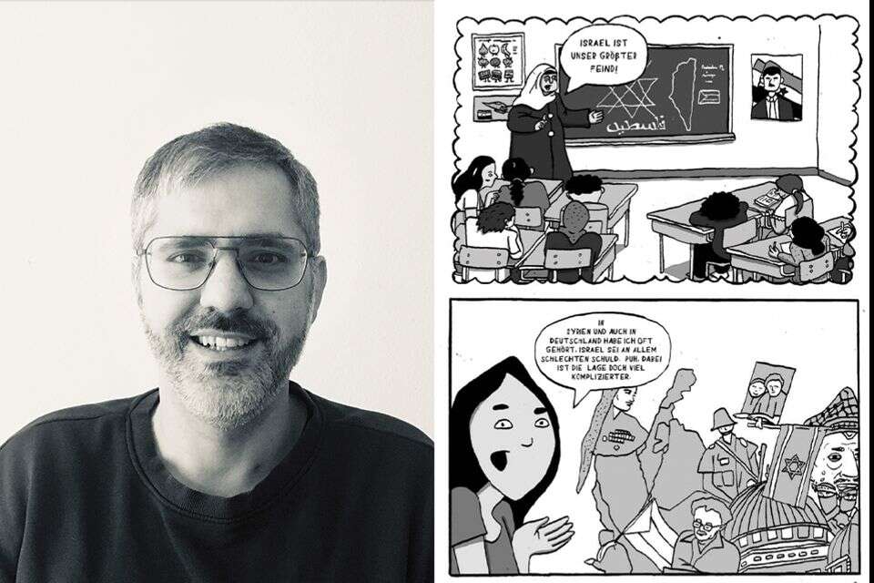 מציאות מורכבת. המורה מהמהט ג'אן לצד עמוד מתוך חוברת הקומיקס , Mathis Eckelman