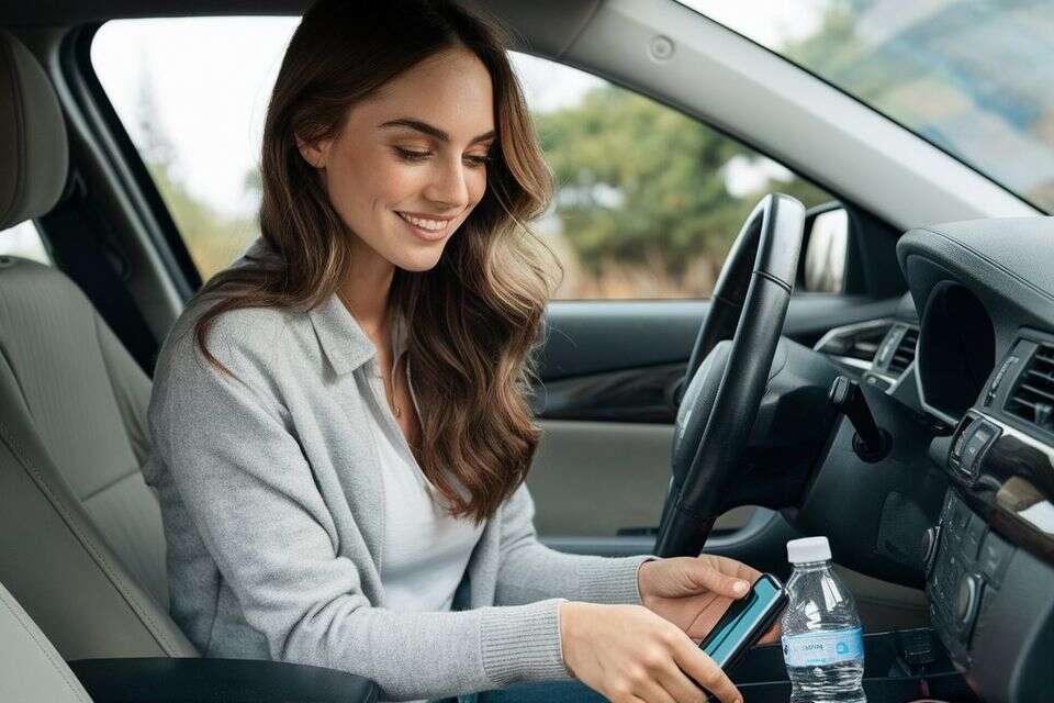 נהגת מסתכלת על תכולת תא הכפפות שלה, הכוללת בקבוק מים, כבלים ומטען , מערכת feedy באמצעות הבינה המלאכותית ideogram