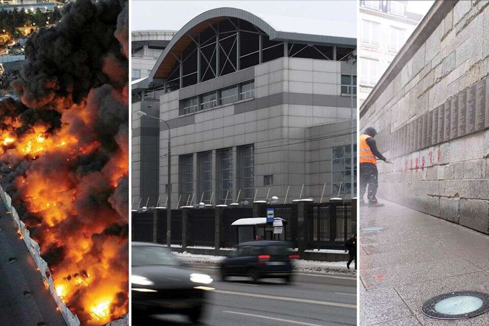 מימין לשמאל: חילול קיר הזיכרון, מטה המודיעין הצבאי במוסקבה והשריפה בוורשה , אי.אף.פי, רויטרס