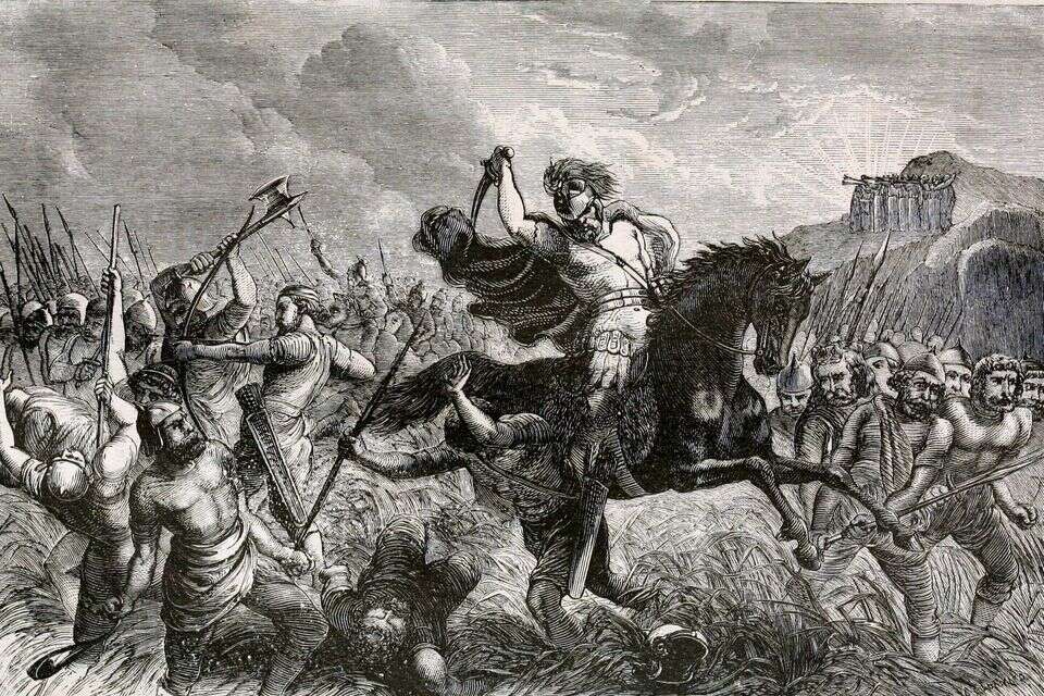 "וַיַּכֵּם יְהוֹשֻׁעַ אַחֲרֵי כֵן וַיְמִיתֵם". הבסת חמשת מלכי כנען בידי יהושע בן נון. ציור בספרו של ג'יימס דבני מקייב (Dabney McCabe), "ההיסטוריה המצוירת של העולם", ארה"ב 1877 , .