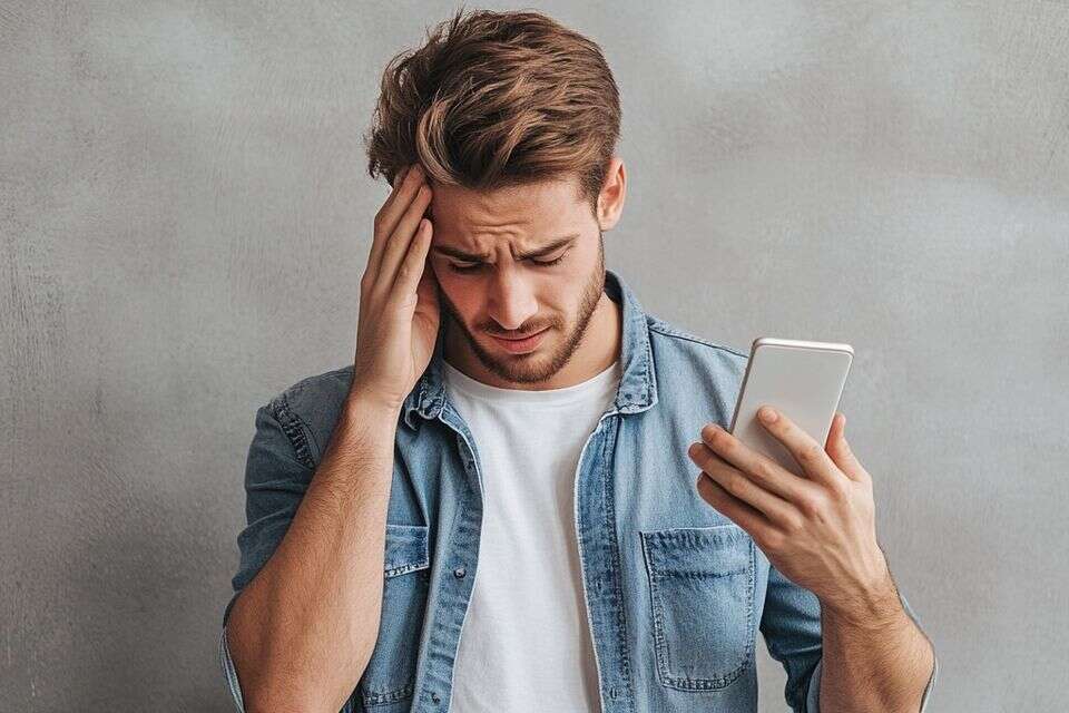 גבר מבולבל מגרד בראשו תוך כדי הצצה בסמארטפון , מערכת feedy באמצעות הבינה המלאכותית Midjourney