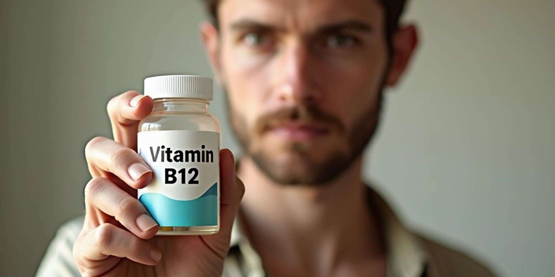 גבר רזה מחזיק בקבוק כמוסות ויטמין B12 , מערכת feedy באמצעות הבינה המלאכותית FLUX.1