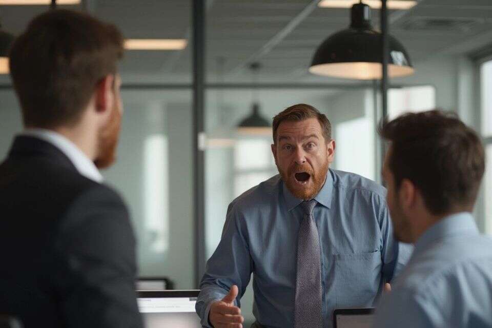בוס צועק על עובדים במשרד , מערכת feedy באמצעות הבינה המלאכותית FLUX.1