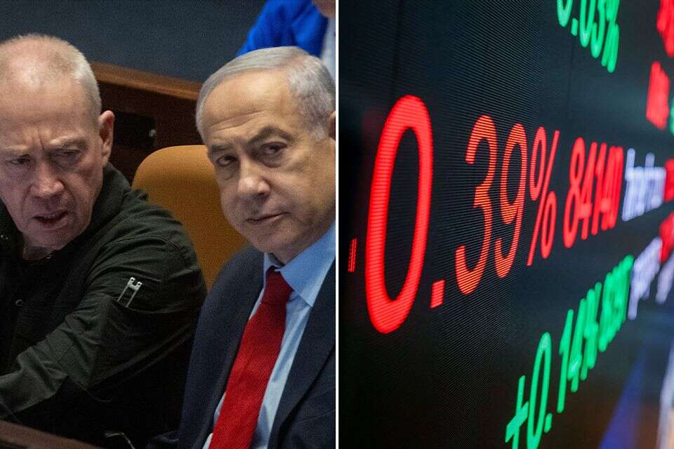 רה"מ נתניהו והשר גלנט לצד מסכים בבורסה בתל אביב (ארכיון) , אורן בן חקון, יהושע יוסף