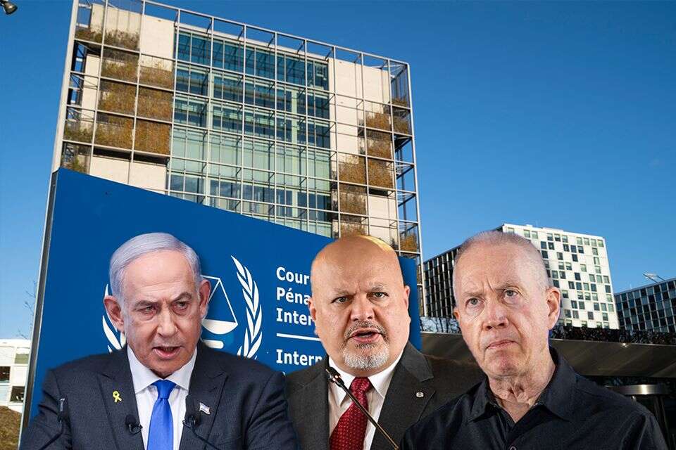 נתניהו, גלנט והתובע כארים חאן, על רקע בית הדין הפלילי בהאג , AP, רויטרס, חיים גולדברג//פלאש 90