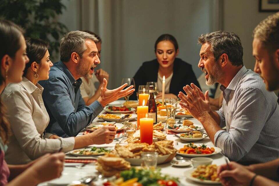 שני גברים מתווכחים בארוחה משפחתית , מערכת feedy באמצעות FLUX1.1