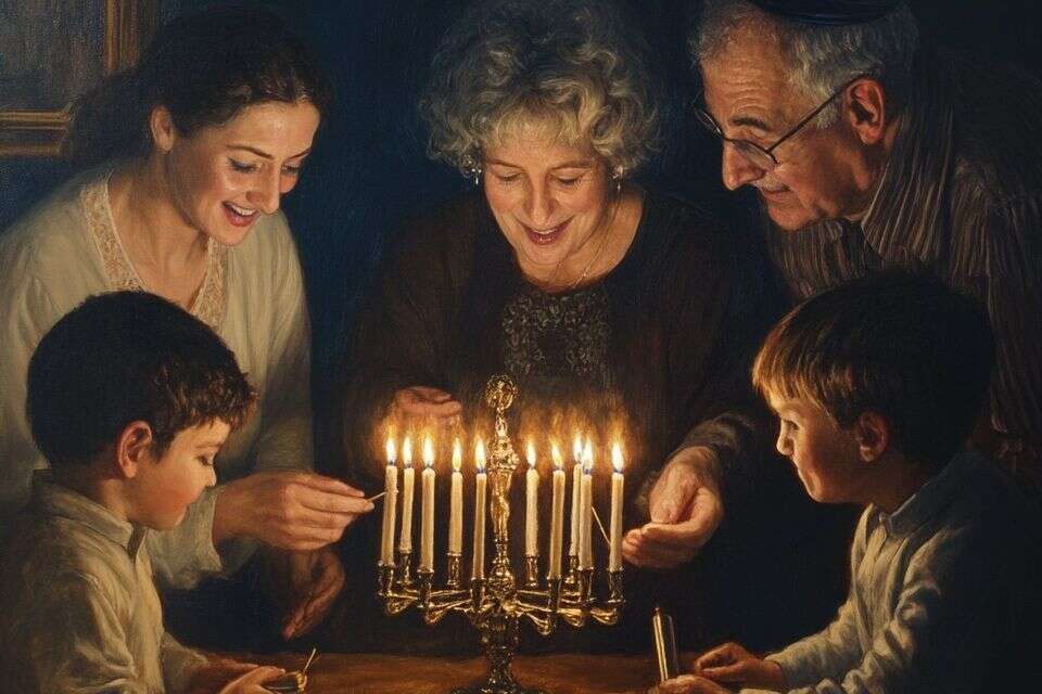 משפחה מדליקה נרות חנוכה , המחשה מ-MIDJOURNEY