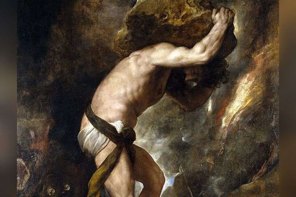 סיזיפוס המיתולוגי מגלגל את האבן. , by Titian, Prado Museum, Madrid, Spain, ויקיפדיה