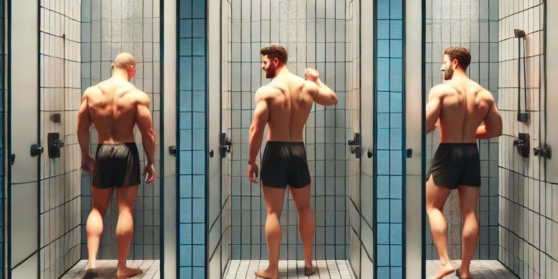 המחשה של שלושה גברים מתקלחים בחדר כושר , DALL-E