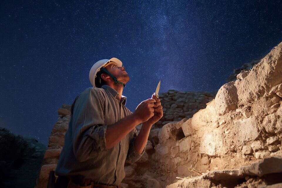 ארכיאולוג נושא עיניו לשמיים , פידי באמצעות Midjourney