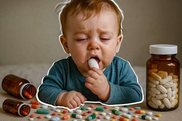 תינוק מכניס לפיו תרופה ,