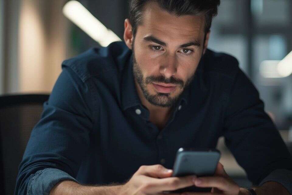 גבר בוהה בסמארטפון , פידי באמצעות FLUX.1