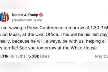 טראמפ בTruthSocial: מכנס מסיבת עיתונאים בימו אחרון של היועץ שלי מאסק בתפקידו , TruthSocial