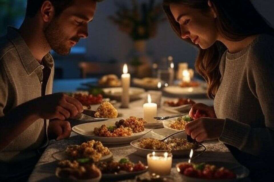 יש הבדל של כשעה בין נשים לגברים. גבר ואישה אוכלים ארוחת ערב (להמחשה) , נוצר באמצעות בינה מלאכותית GROK