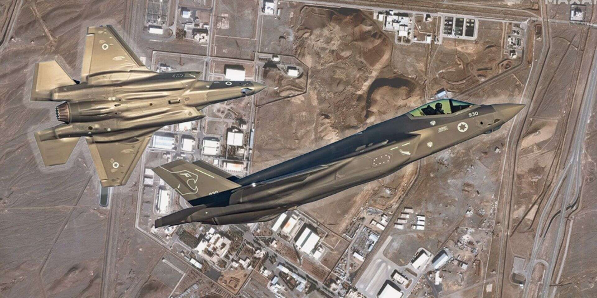 מטוסי F-35 על רקע תצלום לוויין של המתקן בנתנז , רויטרס, דובר צה"ל