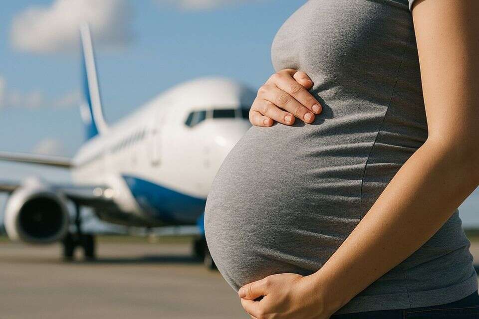 אישה בהריון על רקע מטוס , התמונה נוצרה על ידי בינה מלאכותית