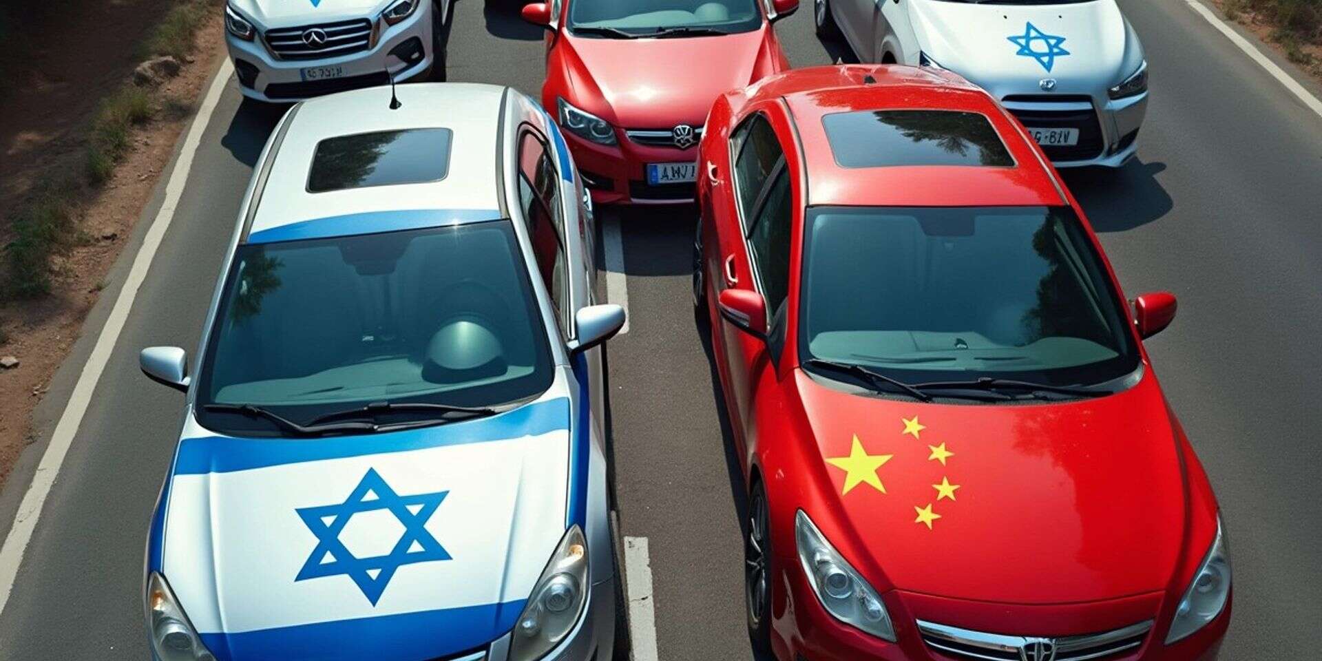 מכוניות עם דגלי סין וישראל על מכסי המנוע , פידי באמצעות FLUX.1