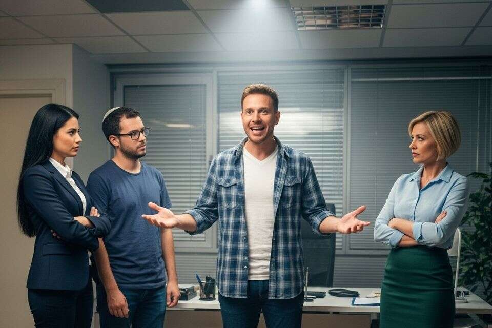 אדם עומד במשרד ומדבר עם עמיתיו כשזרקור מאיר אותו , פידי באמצעות Imagen 4