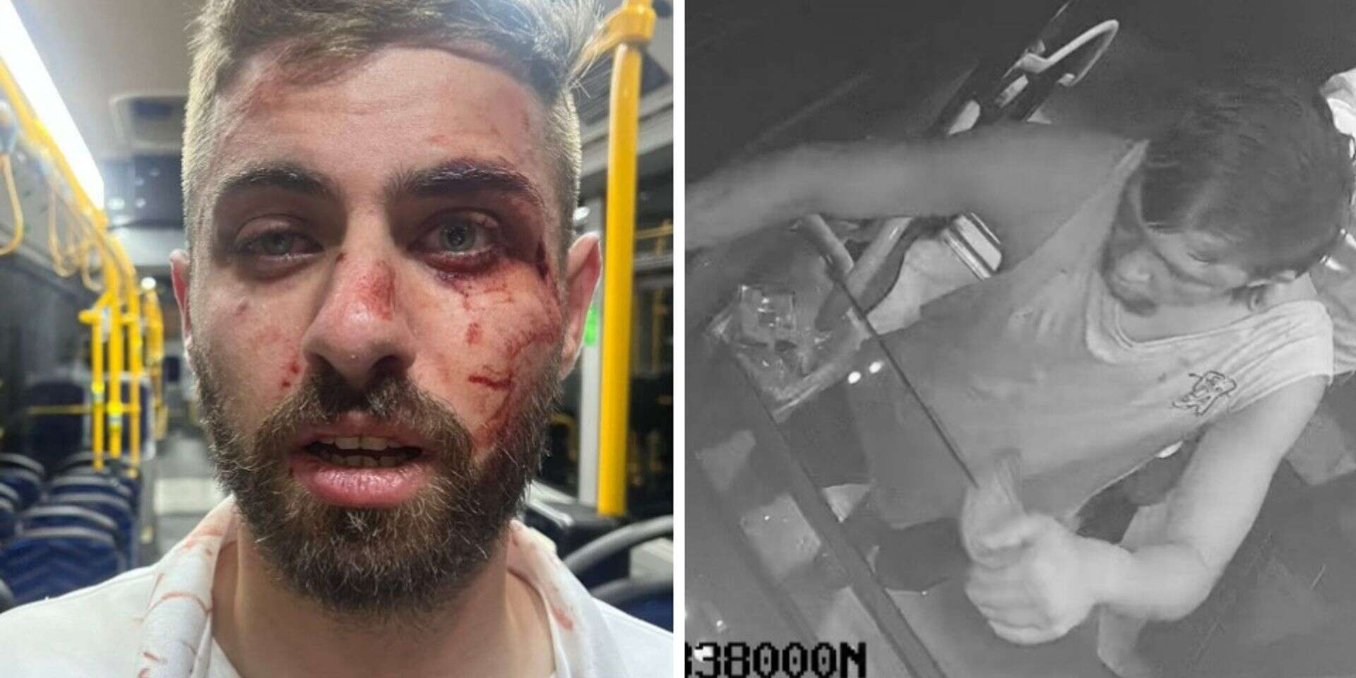 מימין: תקיפת נהג כפי שתועדה במצלמות האוטובוס. משמאל, הנהג שותת דם לאחר התקיפה (ארכיון) , ארגון נהגי האוטובוסים