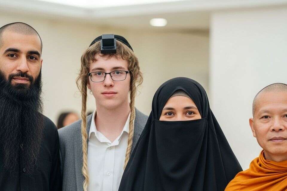 נזיר בודהיסטי עם ראש מגולח, אישה מוסלמית עם בורקה, ילד יהודי עם פאות ארוכות וגבר מוסלמי עם זקן ארוך , פידי באמצעות Imagen 4